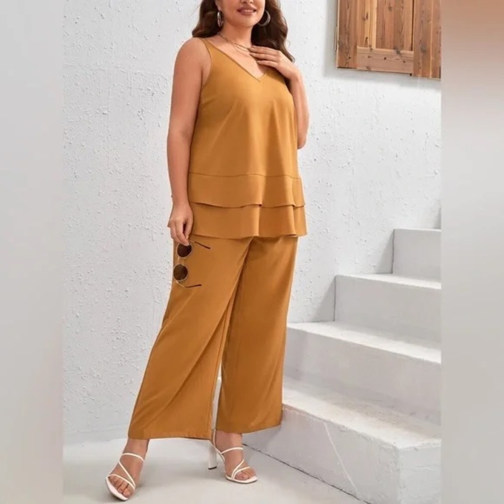 Emery Rose | Plus Solid Tank Top & Wide Leg Pants Ginger Boho - Picture 3 of 5